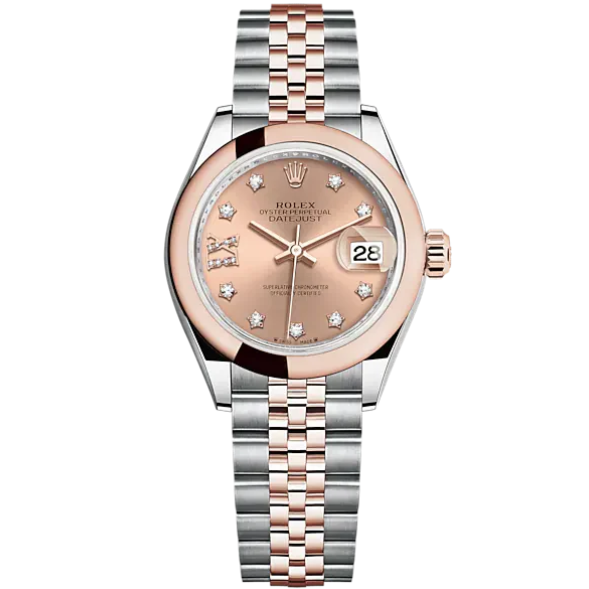 Lady-DateJust 28mm Oystersteel Jubilee Bracelet and Everose Gold with Rosé-Colour Dial Diamond-Set Dial Domed Bezel - Rolex