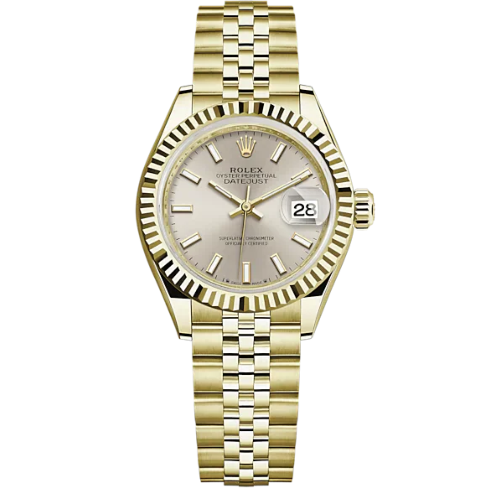 Lady-DateJust 28mm Jubilee Bracelet and 18 KT Yellow Gold with Silver Dial Fluted Bezel - Rolex