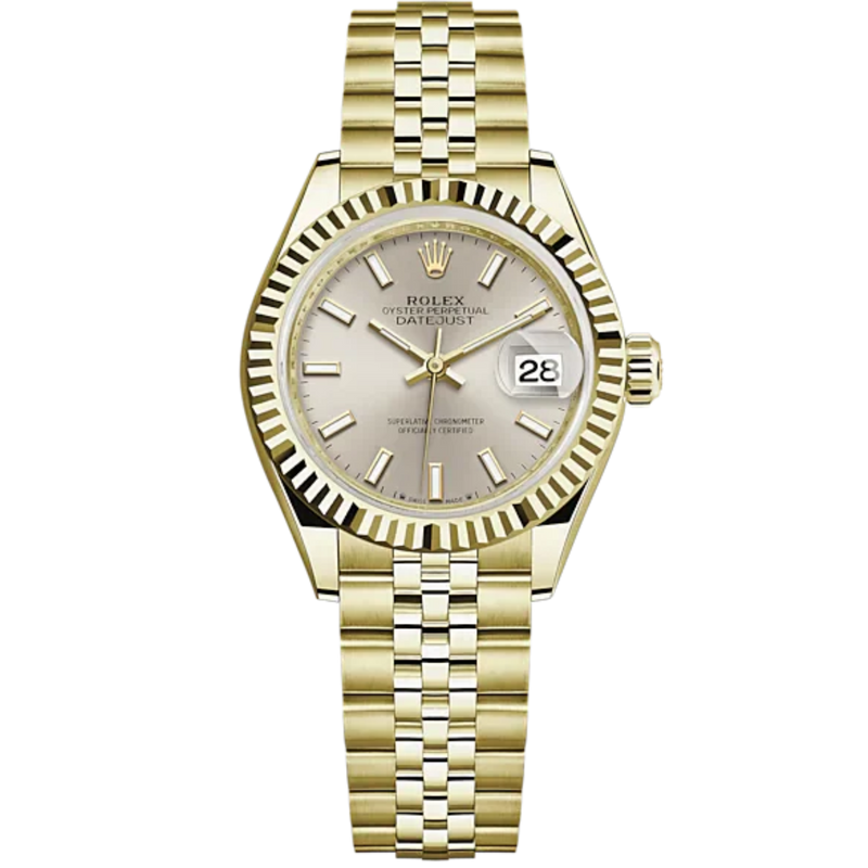 Lady-DateJust 28mm Jubilee Bracelet and 18 KT Yellow Gold with Silver Dial Fluted Bezel - Rolex