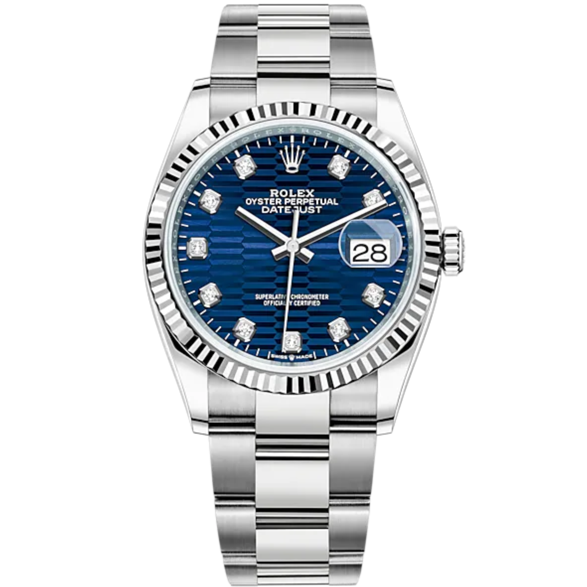 Rolex Datejust 36mm Oystersteel and White Gold on Oyster Blue Fluted-Motif Diamond-set Dial Fluted Bezel - Rolex