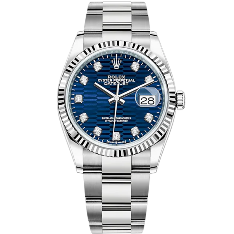 Rolex Datejust 36mm Oystersteel and White Gold on Oyster Blue Fluted-Motif Diamond-set Dial Fluted Bezel - Rolex