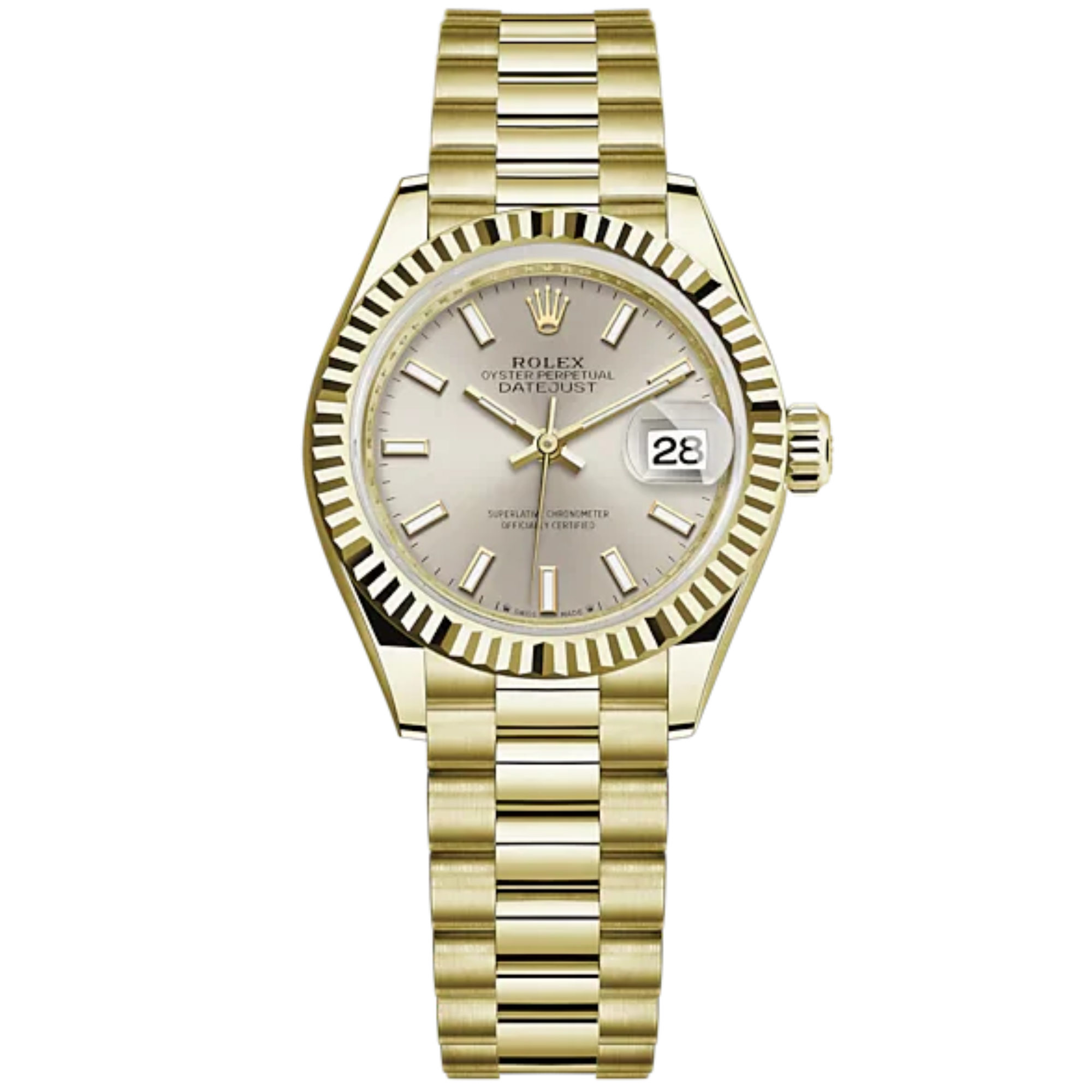 Lady-DateJust 28mm President Bracelet and 18 KT Yellow Gold with Silver Dial Fluted Bezel - Rolex