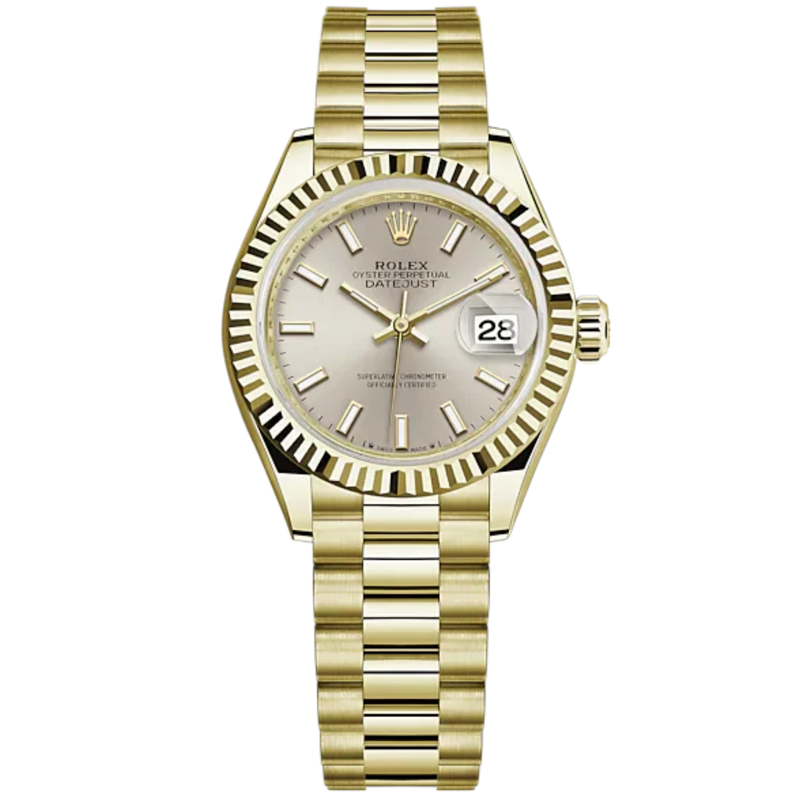 Lady-DateJust 28mm President Bracelet and 18 KT Yellow Gold with Silver Dial Fluted Bezel - Rolex