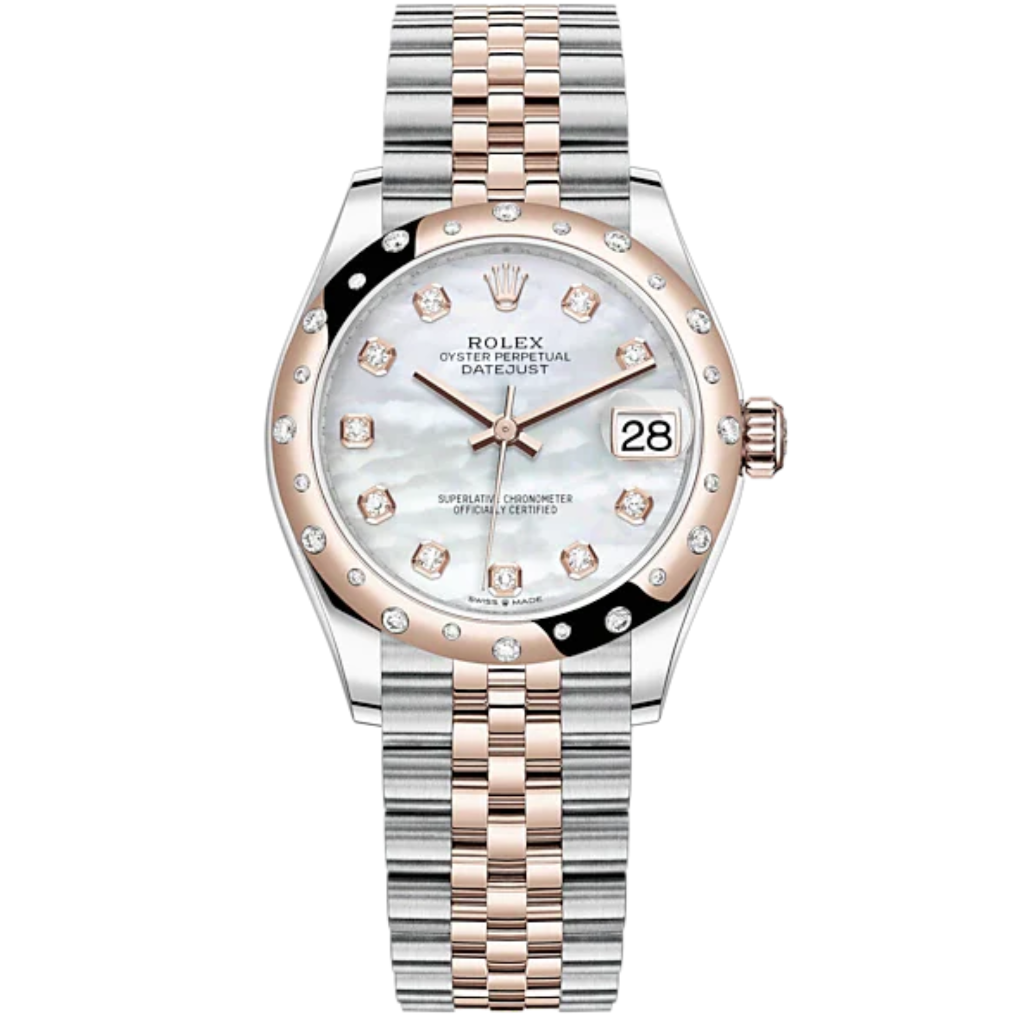 Datejust 31 31mm Jubilee Bracelet Oystersteel and Everose Gold with White Mother-Of-Pearl Diamond-Set Dial Diamond-Set Bezel - Rolex