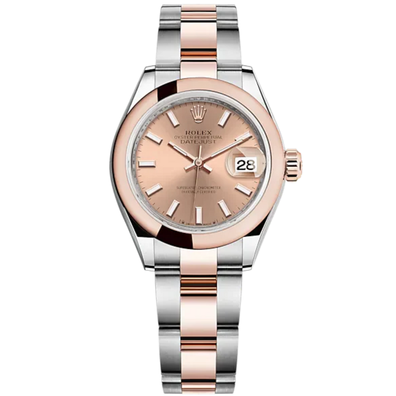 Lady-DateJust 28mm Oyster Oystersteel Bracelet and Everose Gold with Rosé-Colour Dial Domed Bezel - Rolex