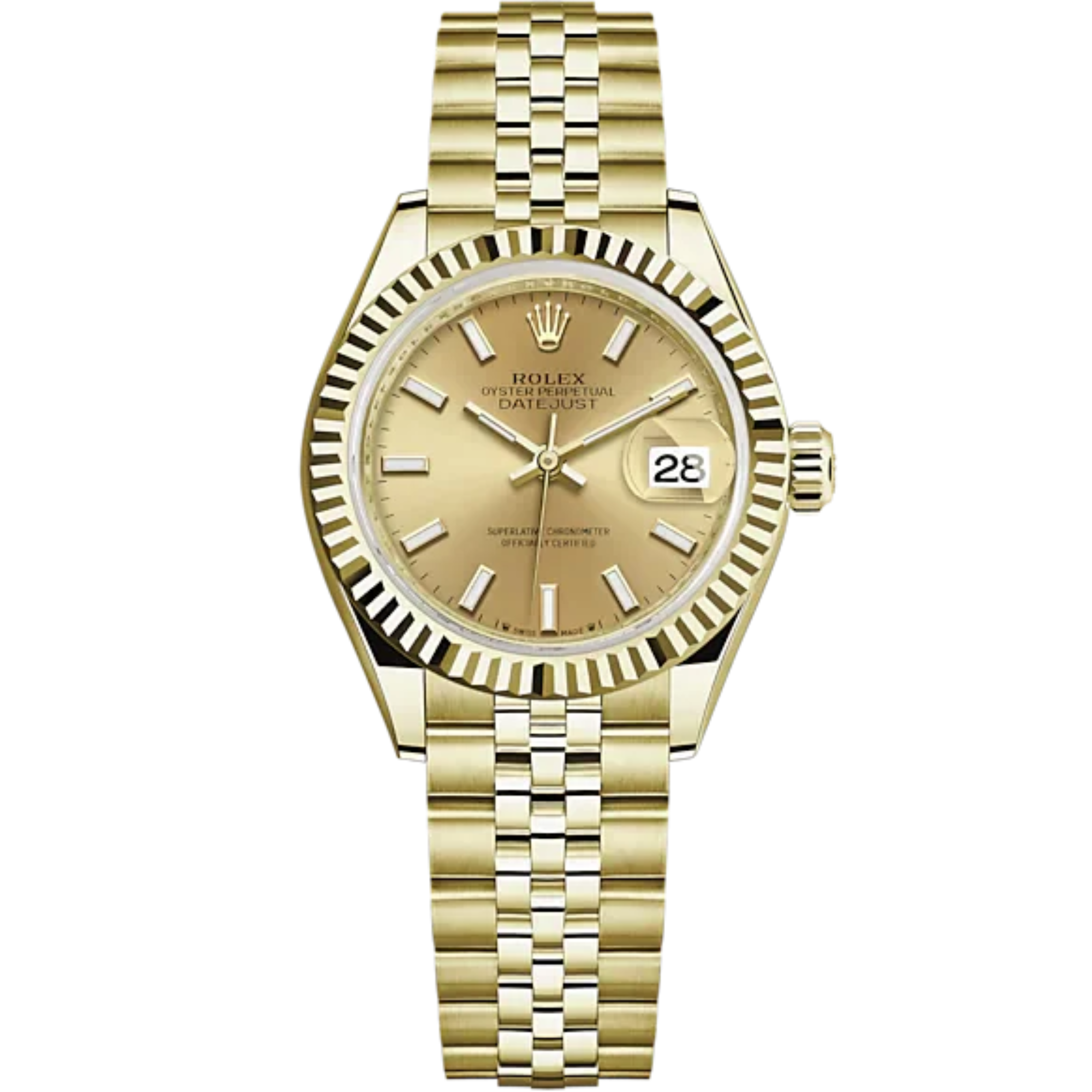 Lady-DateJust 28mm Jubilee Bracelet and 18 KT Yellow Gold with Champagne-Colour Dial Fluted Bezel - Rolex