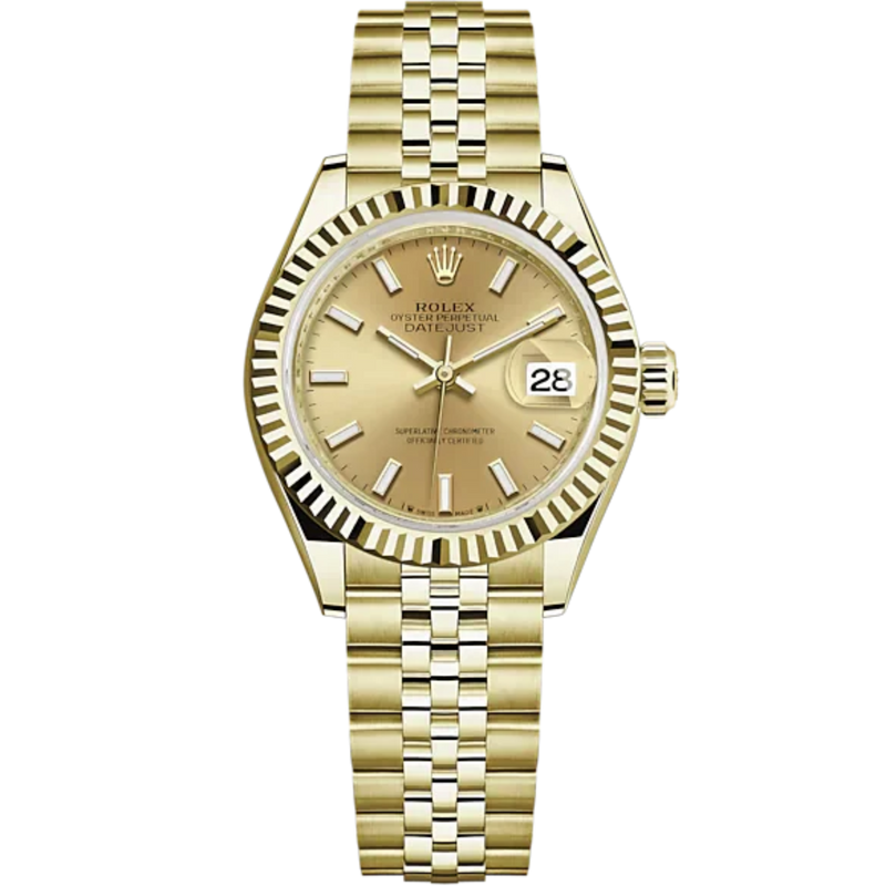 Lady-DateJust 28mm Jubilee Bracelet and 18 KT Yellow Gold with Champagne-Colour Dial Fluted Bezel - Rolex