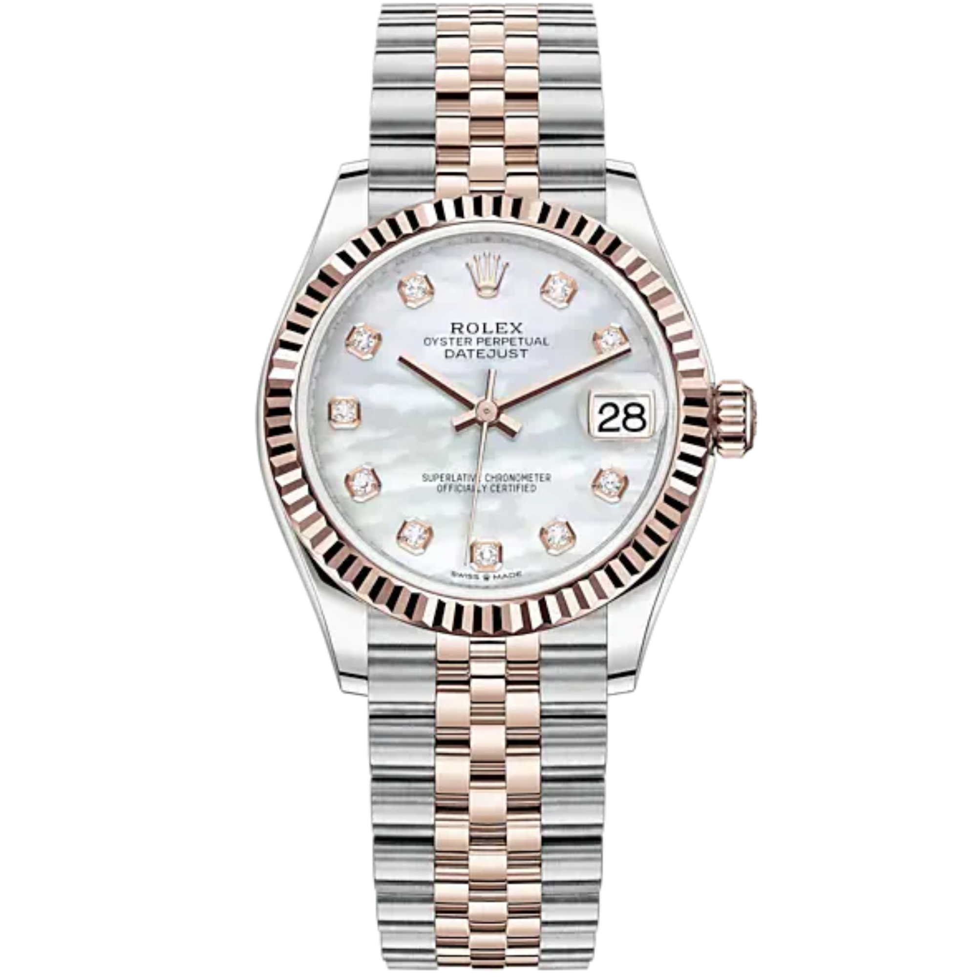 Datejust 31 31mm Jubilee Bracelet Oystersteel and Everose Gold with White Mother-Of-Pearl Diamond-Set Dial Fluted Bezel - Rolex