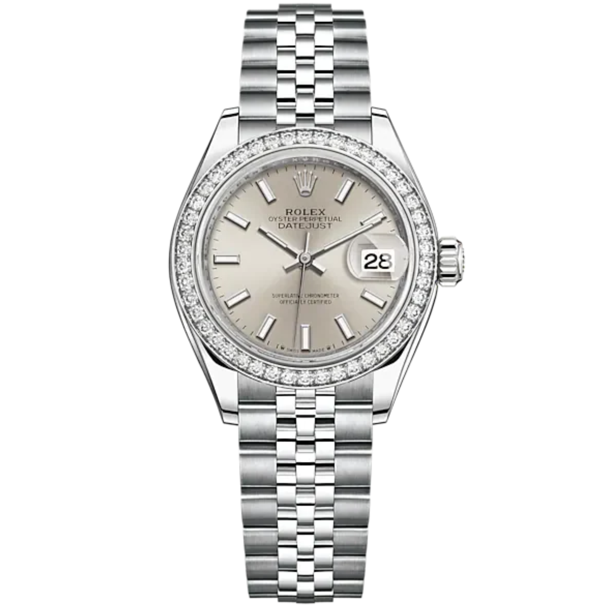 Lady-DateJust 28mm Oystersteel Jubilee Bracelet and White Gold with Silver Dial Diamond-Set Bezel - Rolex