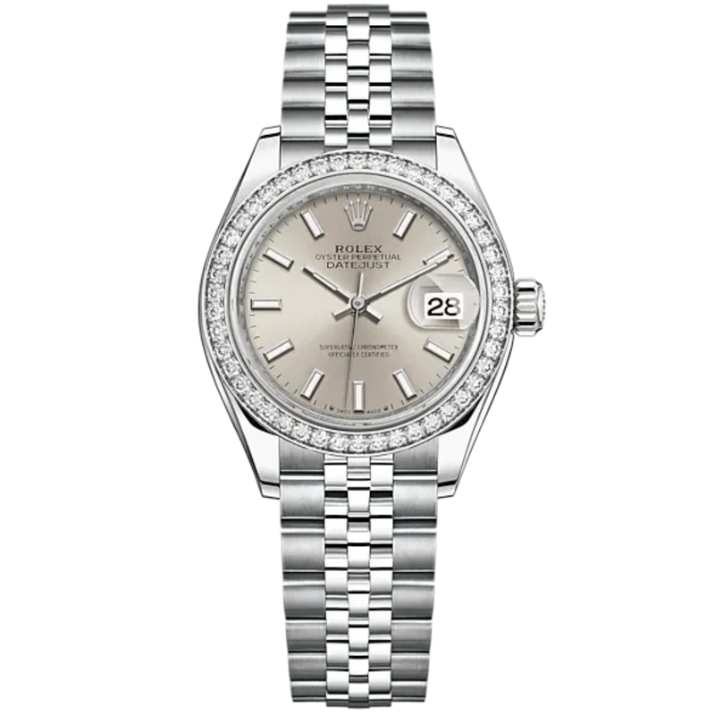 Lady-DateJust 28mm Oystersteel Jubilee Bracelet and White Gold with Silver Dial Diamond-Set Bezel - Rolex
