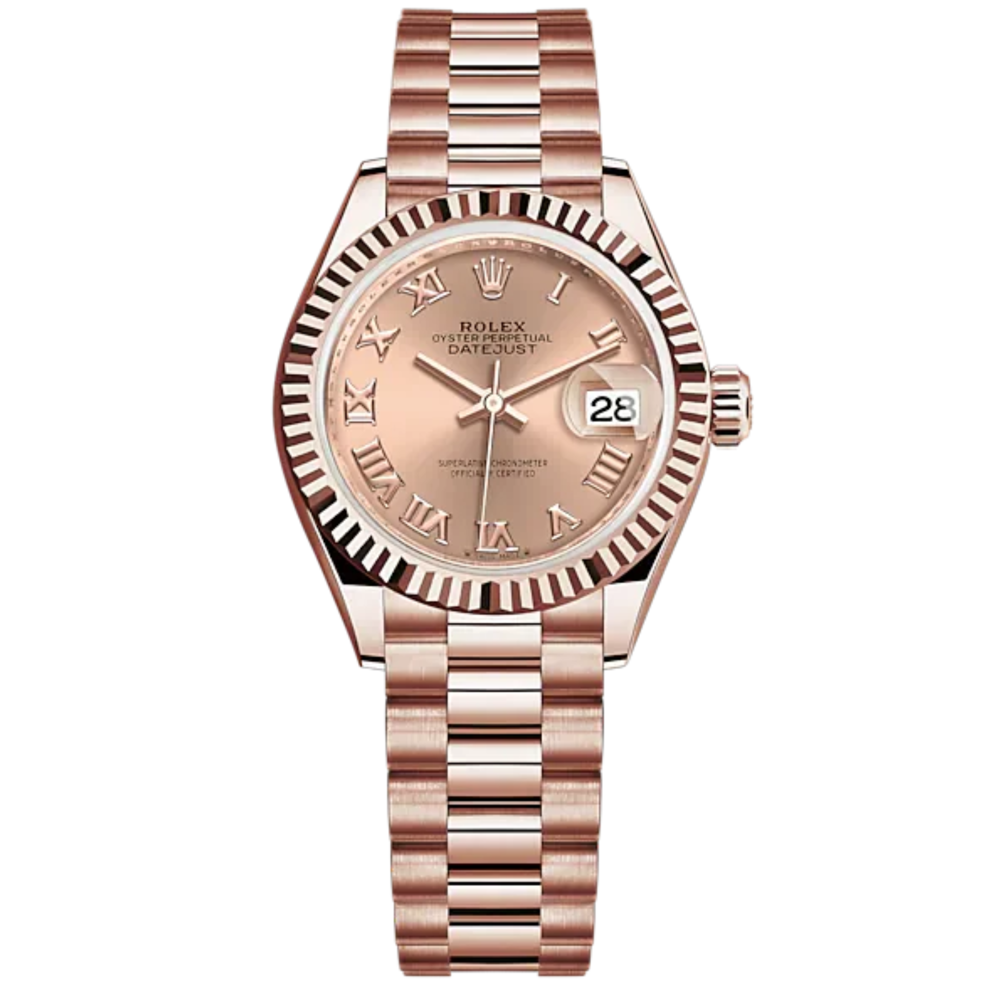 Lady-DateJust 28mm President Bracelet and 18 KT Everose Gold with Rosé-Colour Dial Fluted Bezel - Rolex