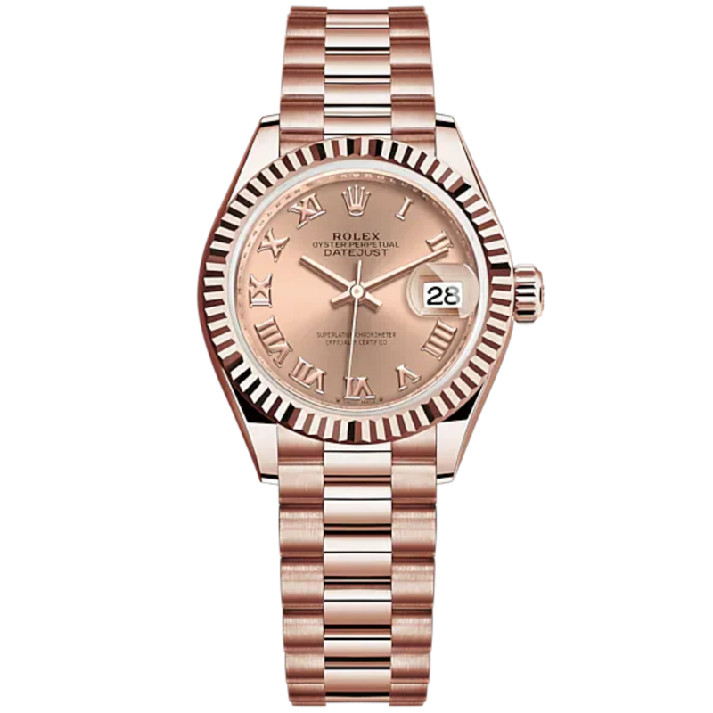 Lady-DateJust 28mm President Bracelet and 18 KT Everose Gold with Rosé-Colour Dial Fluted Bezel - Rolex