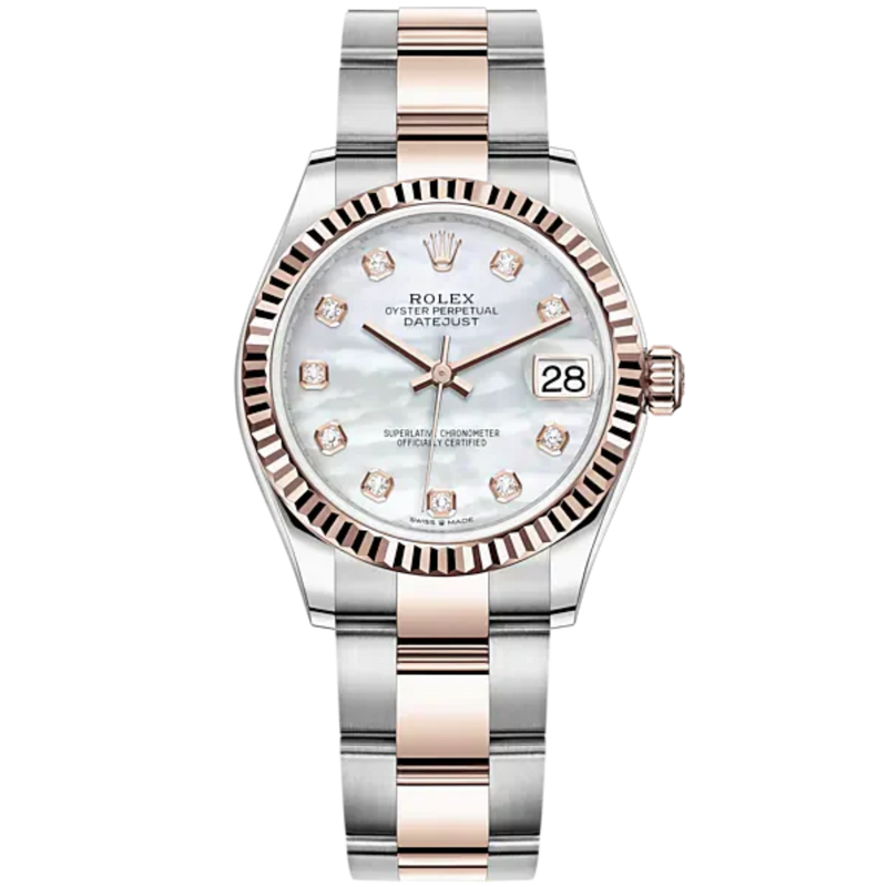 Datejust 31 31mm Oyster Bracelet Oystersteel and Everose Gold with White Mother-Of-Pearl Diamond-Set Dial Fluted Bezel - Rolex