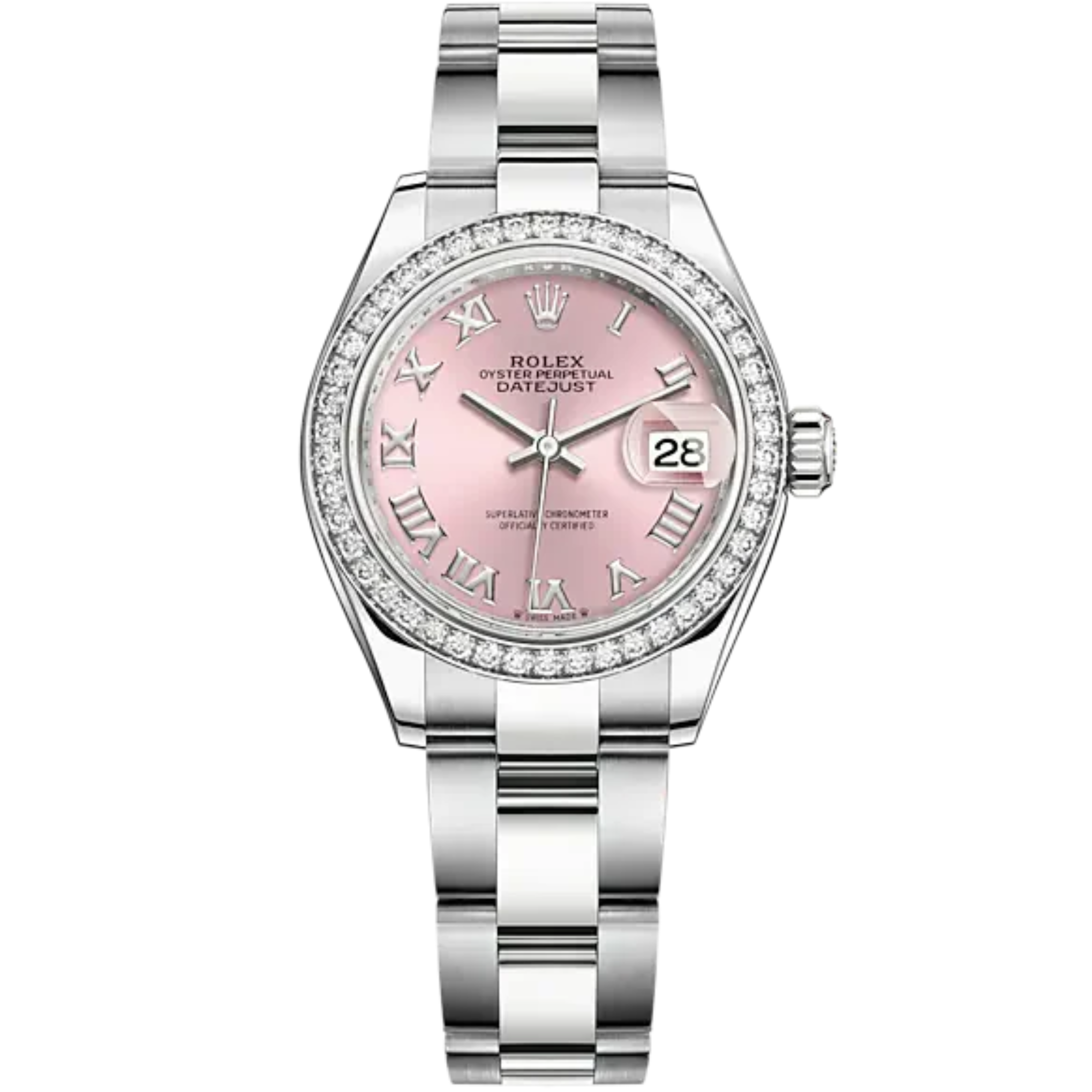 Lady-DateJust 28mm Oyster Oystersteel Bracelet and White Gold with Pink Dial Diamond-Set Bezel - Rolex