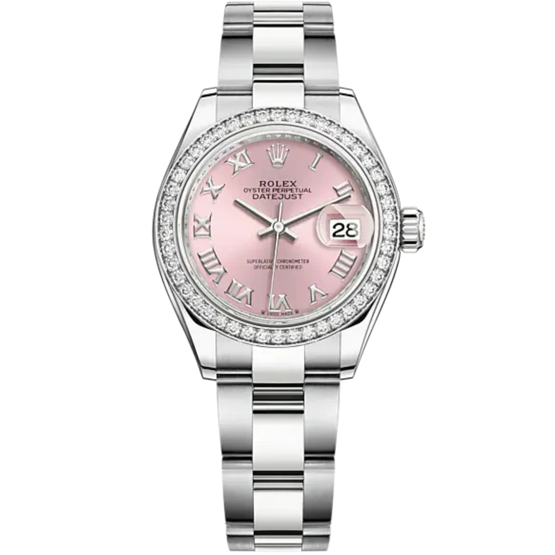 Lady-DateJust 28mm Oyster Oystersteel Bracelet and White Gold with Pink Dial Diamond-Set Bezel - Rolex