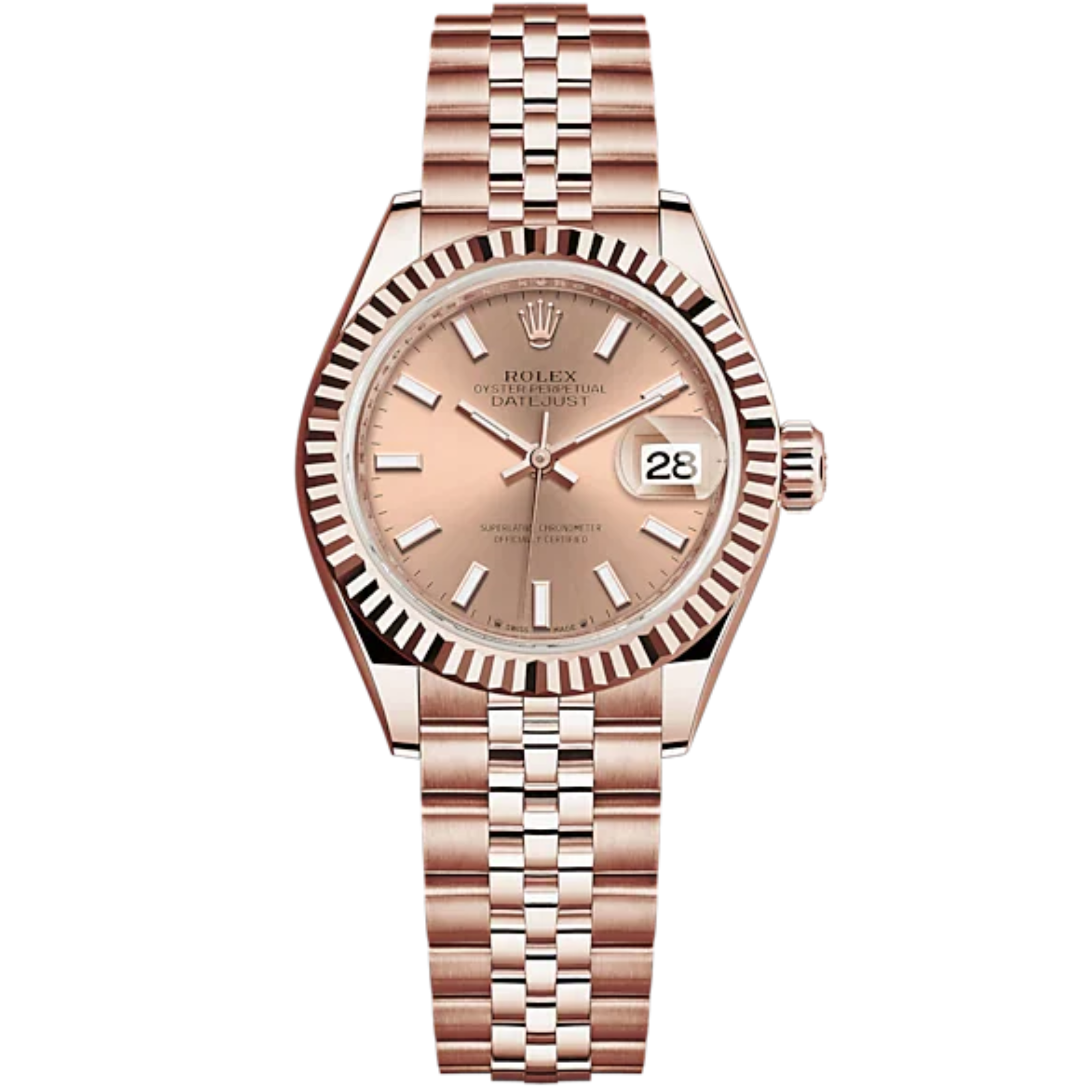 Lady-DateJust 28mm Jubilee Bracelet and 18 KT Everose Gold with Rosé-Colour Dial Fluted Bezel - Rolex