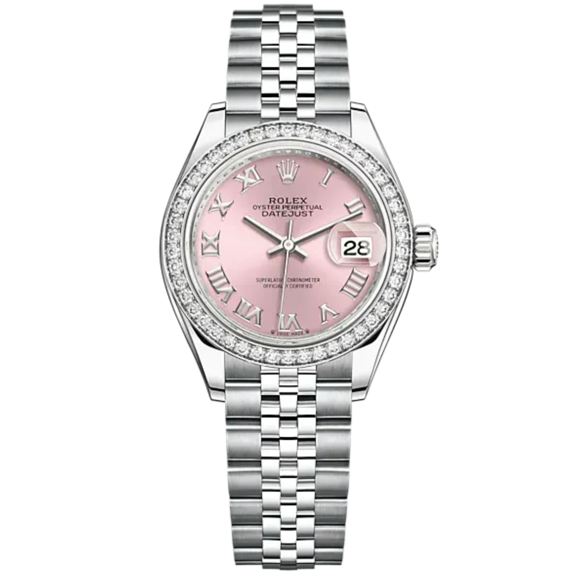 Lady-DateJust 28mm Oystersteel Jubilee Bracelet and White Gold with Pink Dial Diamond-Set Bezel - Rolex