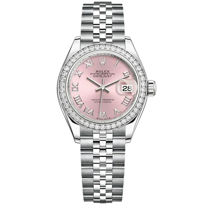 Lady-DateJust 28mm Oystersteel Jubilee Bracelet and White Gold with Pink Dial Diamond-Set Bezel - Rolex