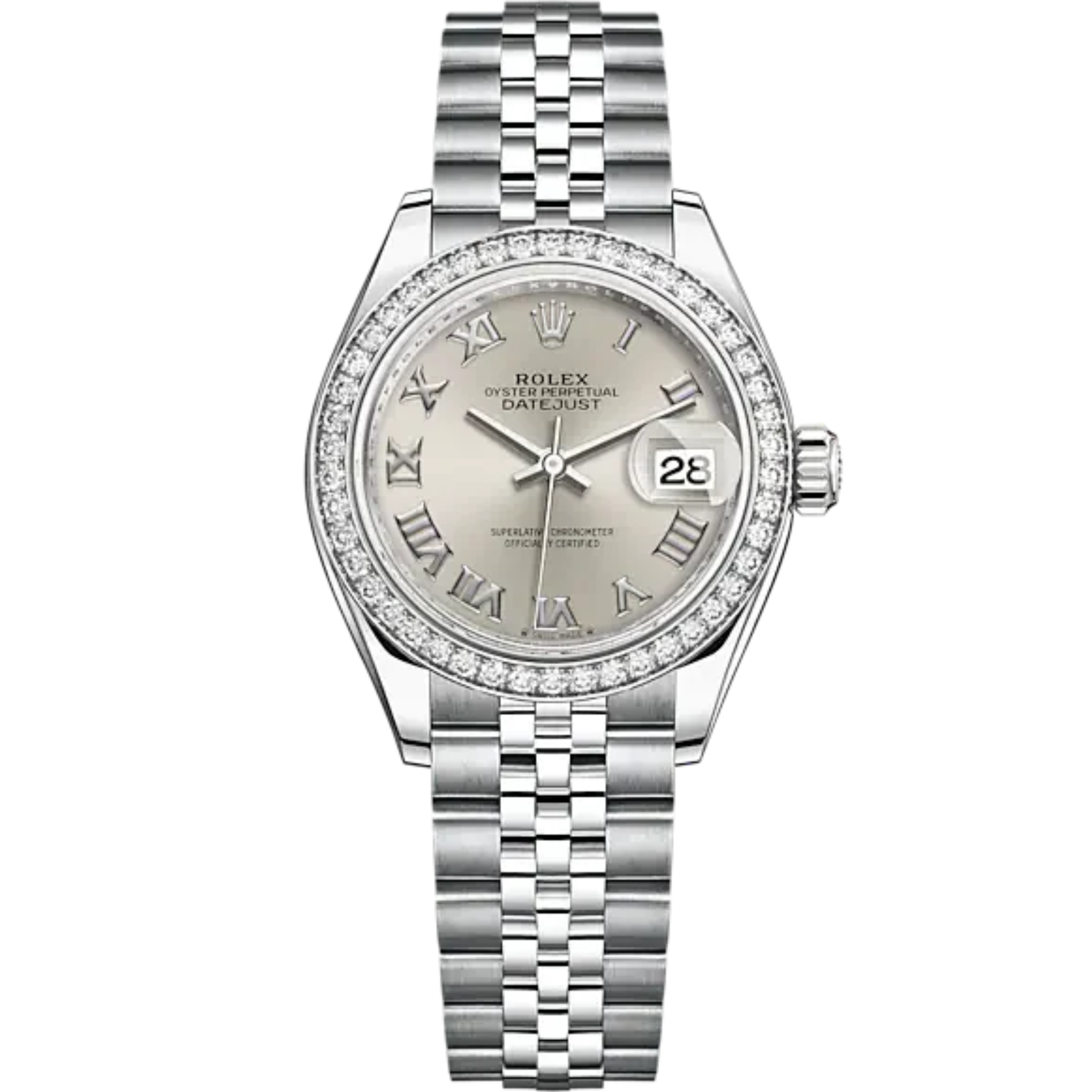 Lady-DateJust 28mm Oystersteel Jubilee Bracelet and White Gold with Silver Dial Diamond-Set Bezel - Rolex