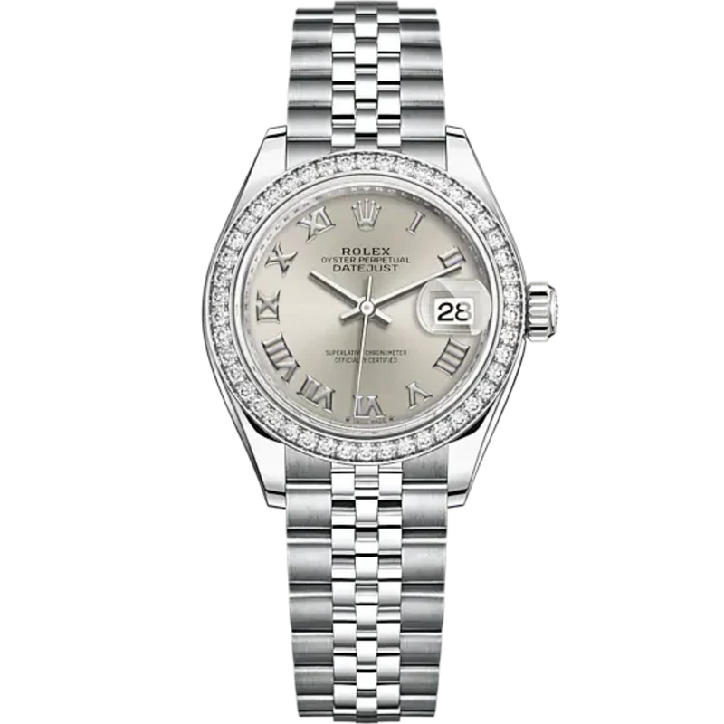 Lady-DateJust 28mm Oystersteel Jubilee Bracelet and White Gold with Silver Dial Diamond-Set Bezel - Rolex