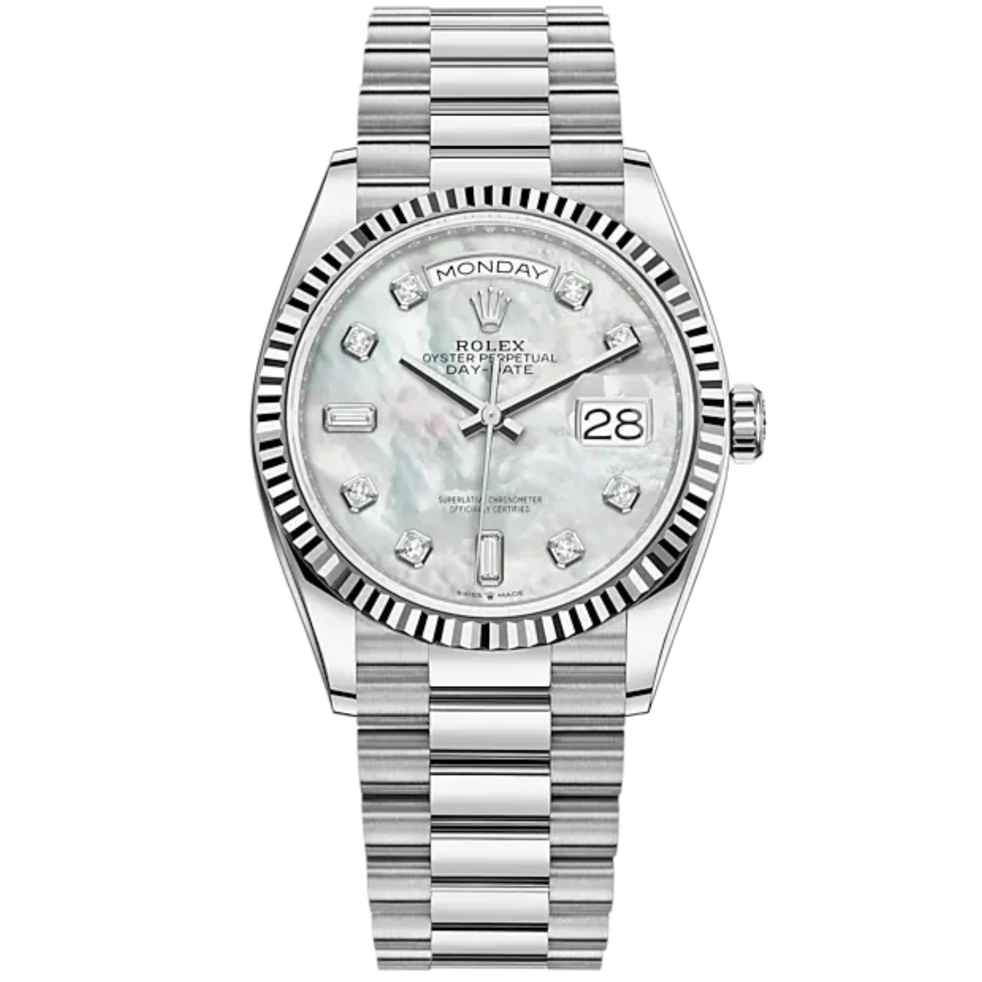 Day-Date 36 36mm President Bracelet and 18 KT White Gold with White Mother-of-Pearl Dial Diamond-Set Dial and Fluted Bezel - Rolex