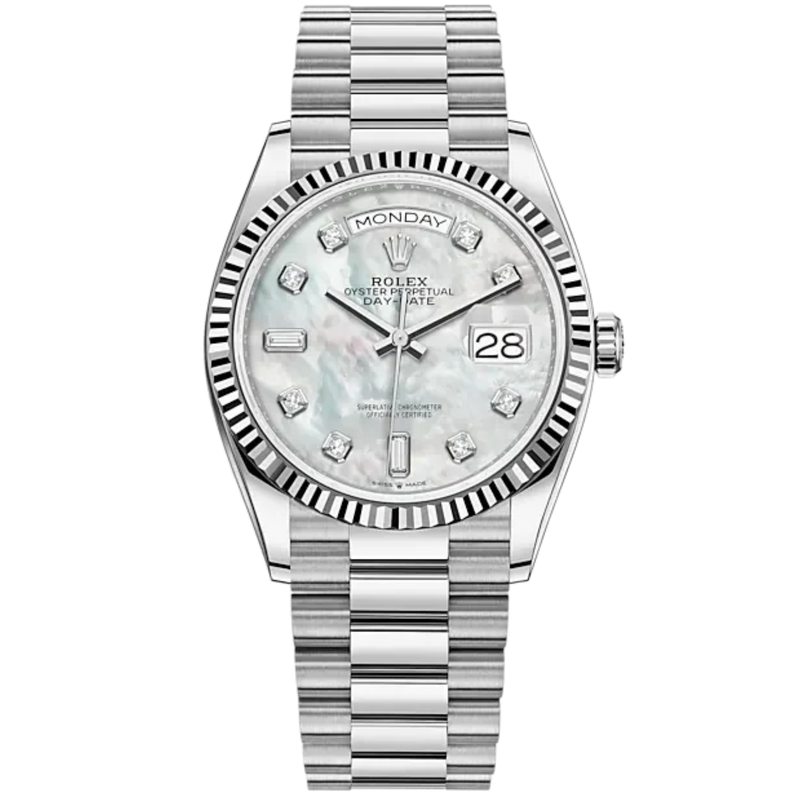 Day-Date 36 36mm President Bracelet and 18 KT White Gold with White Mother-of-Pearl Dial Diamond-Set Dial and Fluted Bezel - Rolex