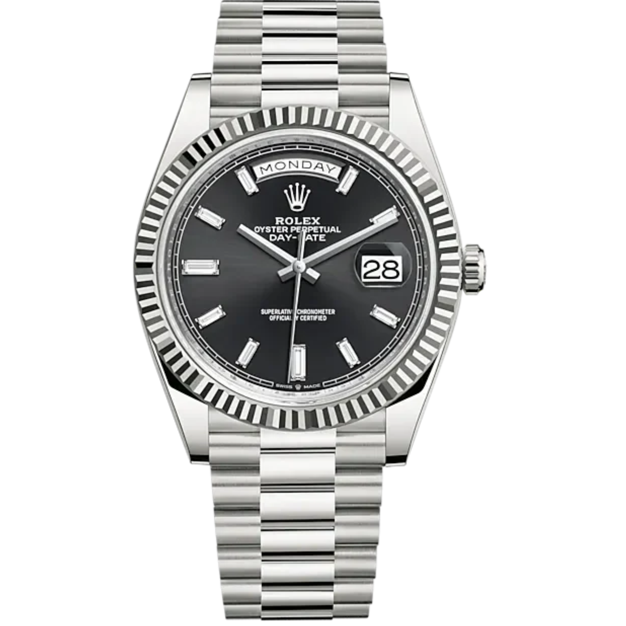 Day-Date 40 40mm President Bracelet and 18 KT White Gold with Bright Black Dial Diamond-Set Dial and Fluted Bezel - Rolex