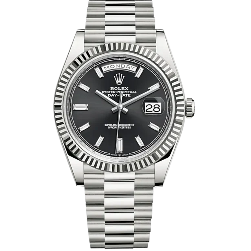 Day-Date 40 40mm President Bracelet and 18 KT White Gold with Bright Black Dial Diamond-Set Dial and Fluted Bezel - Rolex
