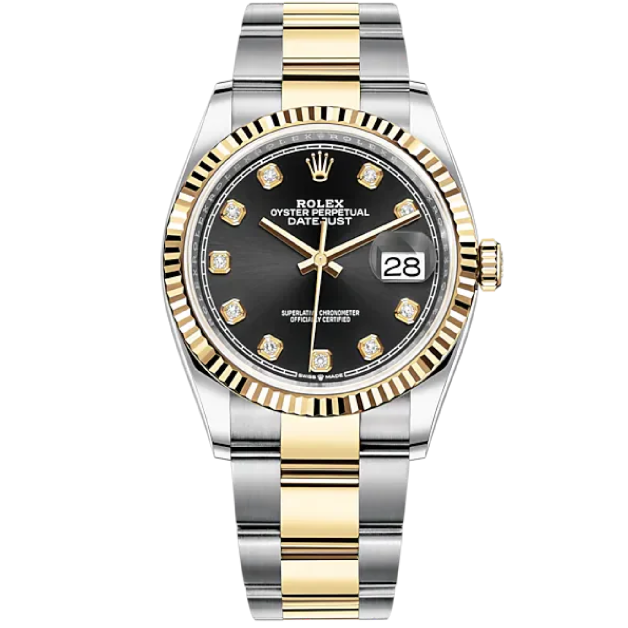 Datejust 36 36mm Oyster Bracelet Oystersteel and Yellow Gold with Bright Black Diamond-Set Dial Fluted Bezel - Rolex