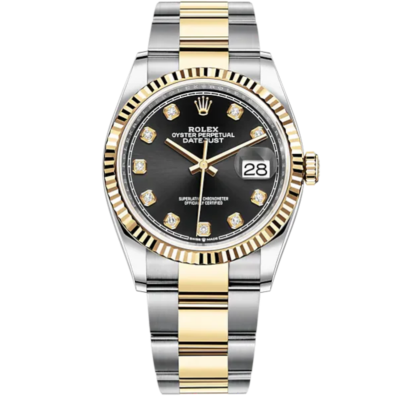 Datejust 36 36mm Oyster Bracelet Oystersteel and Yellow Gold with Bright Black Diamond-Set Dial Fluted Bezel - Rolex