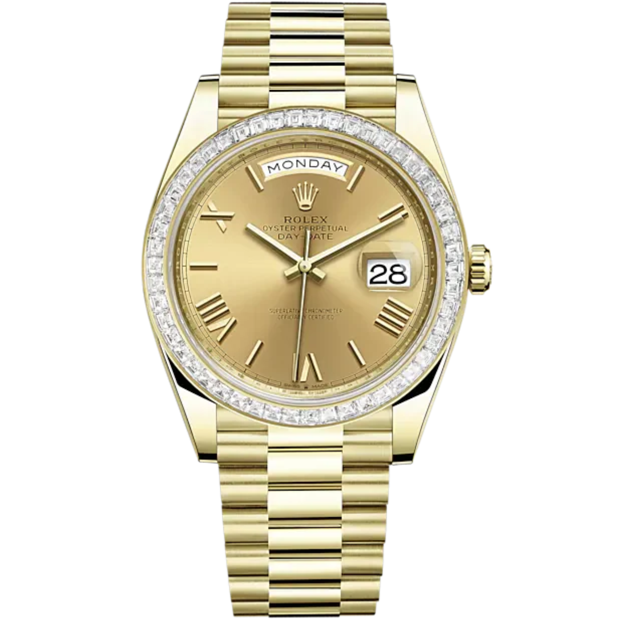 Day-Date 40 40mm President Bracelet and 18 KT Yellow Gold with Champagne-Colour Roman Dial and Diamond-Set Bezel - Rolex