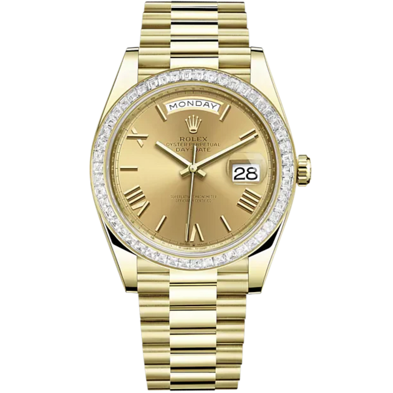 Day-Date 40 40mm President Bracelet and 18 KT Yellow Gold with Champagne-Colour Roman Dial and Diamond-Set Bezel - Rolex