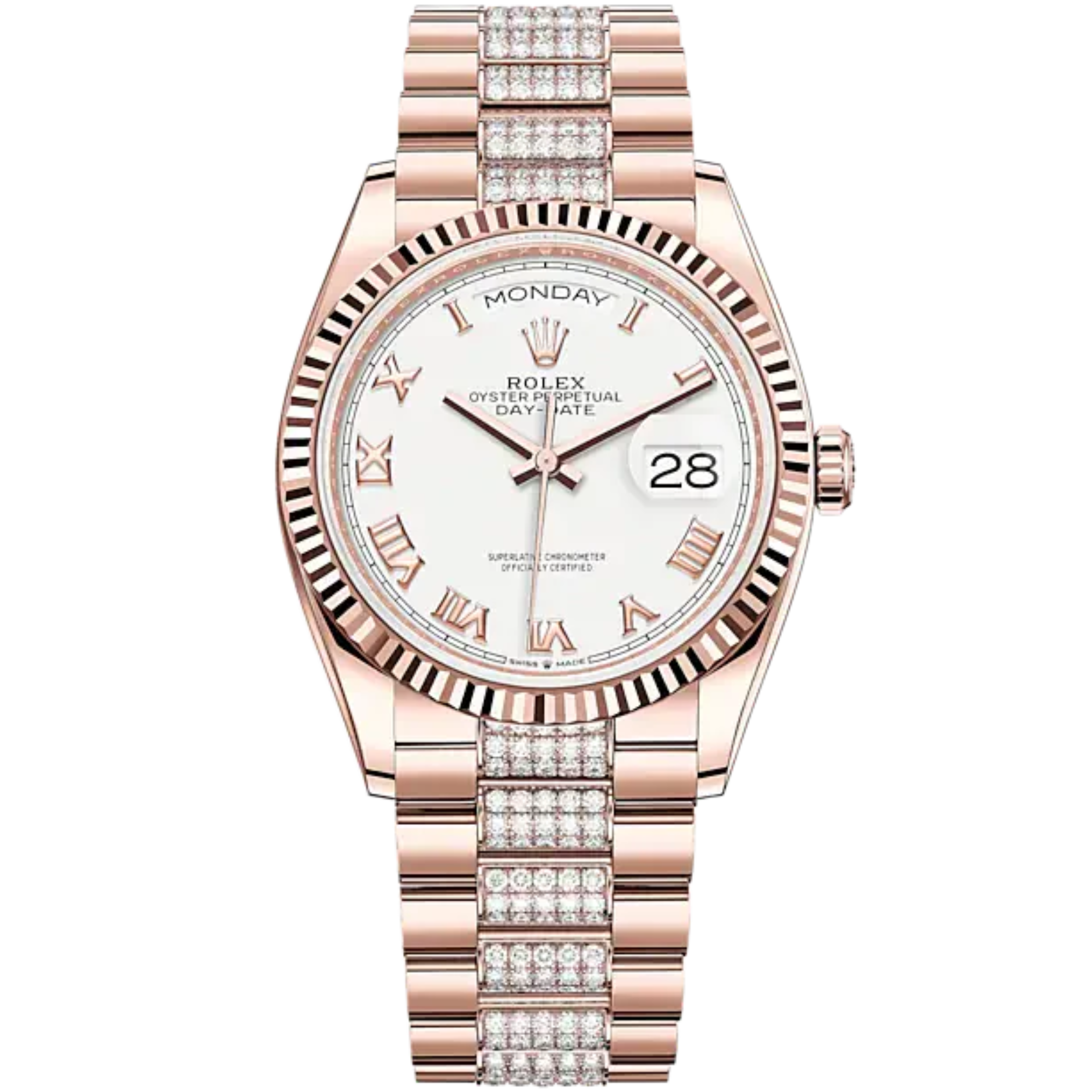 Day-Date 36 36mm President Bracelet and 18 KT Everose Gold with White Dial Fluted Bezel and Diamond-Set President Bracelet - Rolex