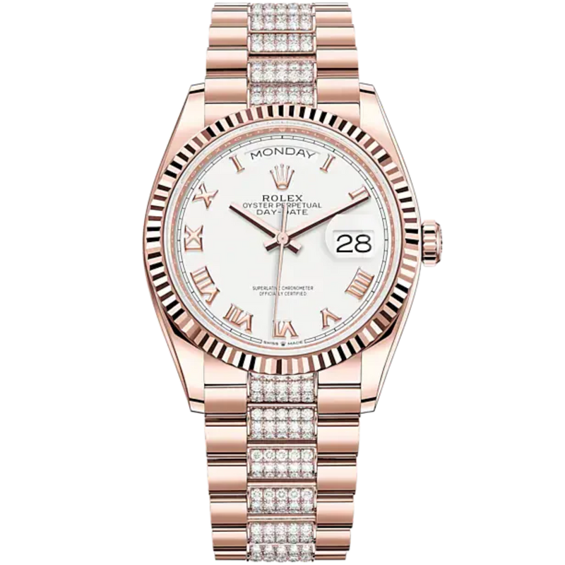 Day-Date 36 36mm President Bracelet and 18 KT Everose Gold with White Dial Fluted Bezel and Diamond-Set President Bracelet - Rolex