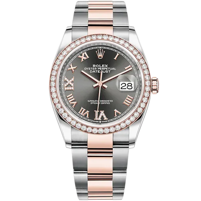 Datejust 36 36mm Oyster Bracelet Oystersteel and Everose Gold with Slate Dial Diamond-Set Bezel - Rolex