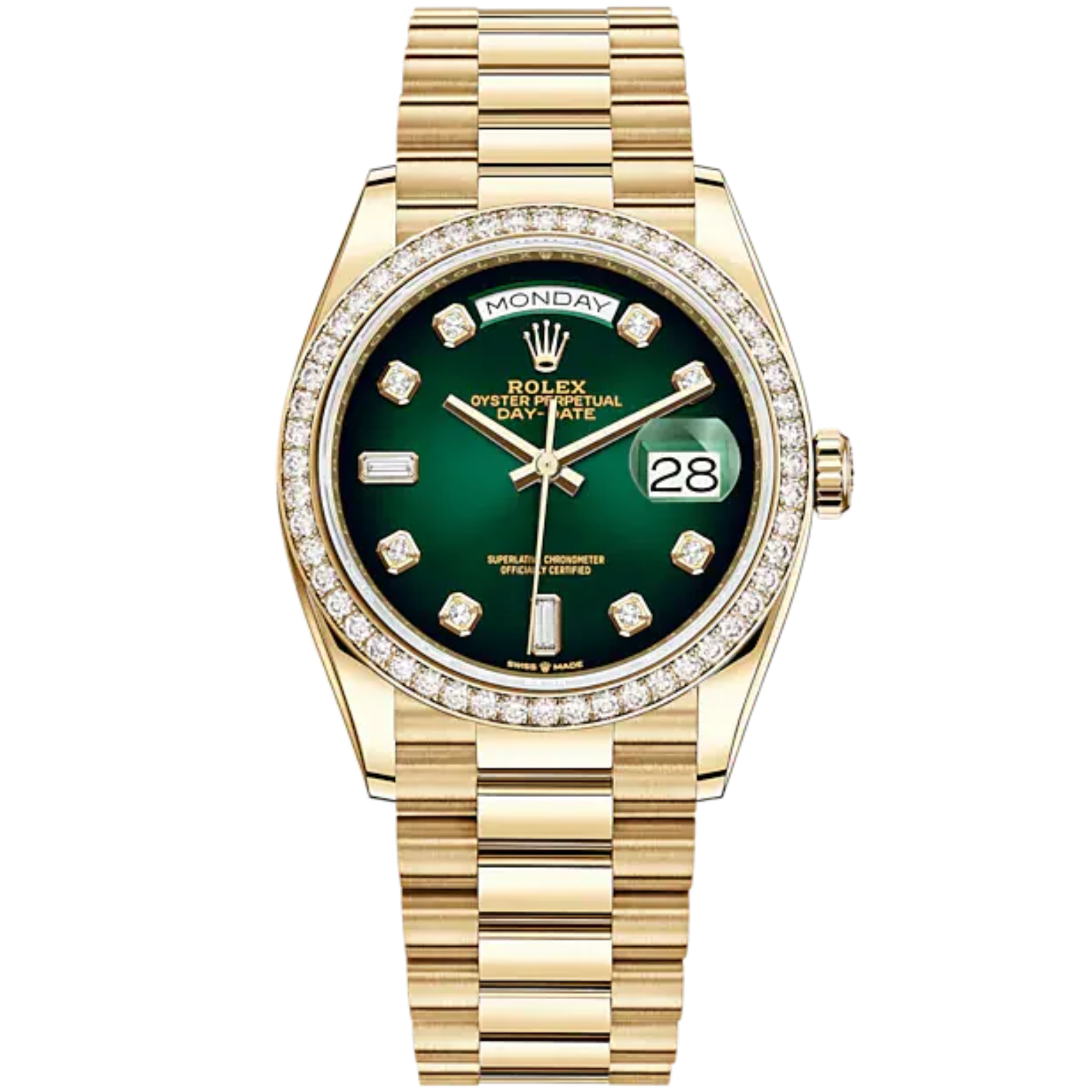 Rolex Day-Date Ref. 128348RBR 36mm Yellow Gold with Green Ombré Diamond-Set Dial and Diamond-Set Bezel - Rolex