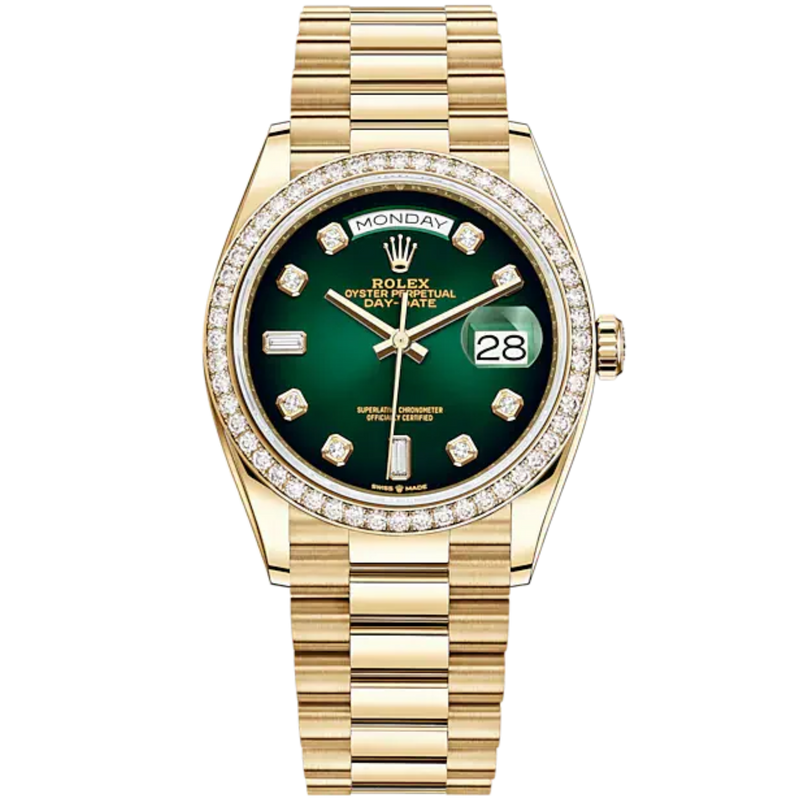 Rolex Day-Date Ref. 128348RBR 36mm Yellow Gold with Green Ombré Diamond-Set Dial and Diamond-Set Bezel - Rolex
