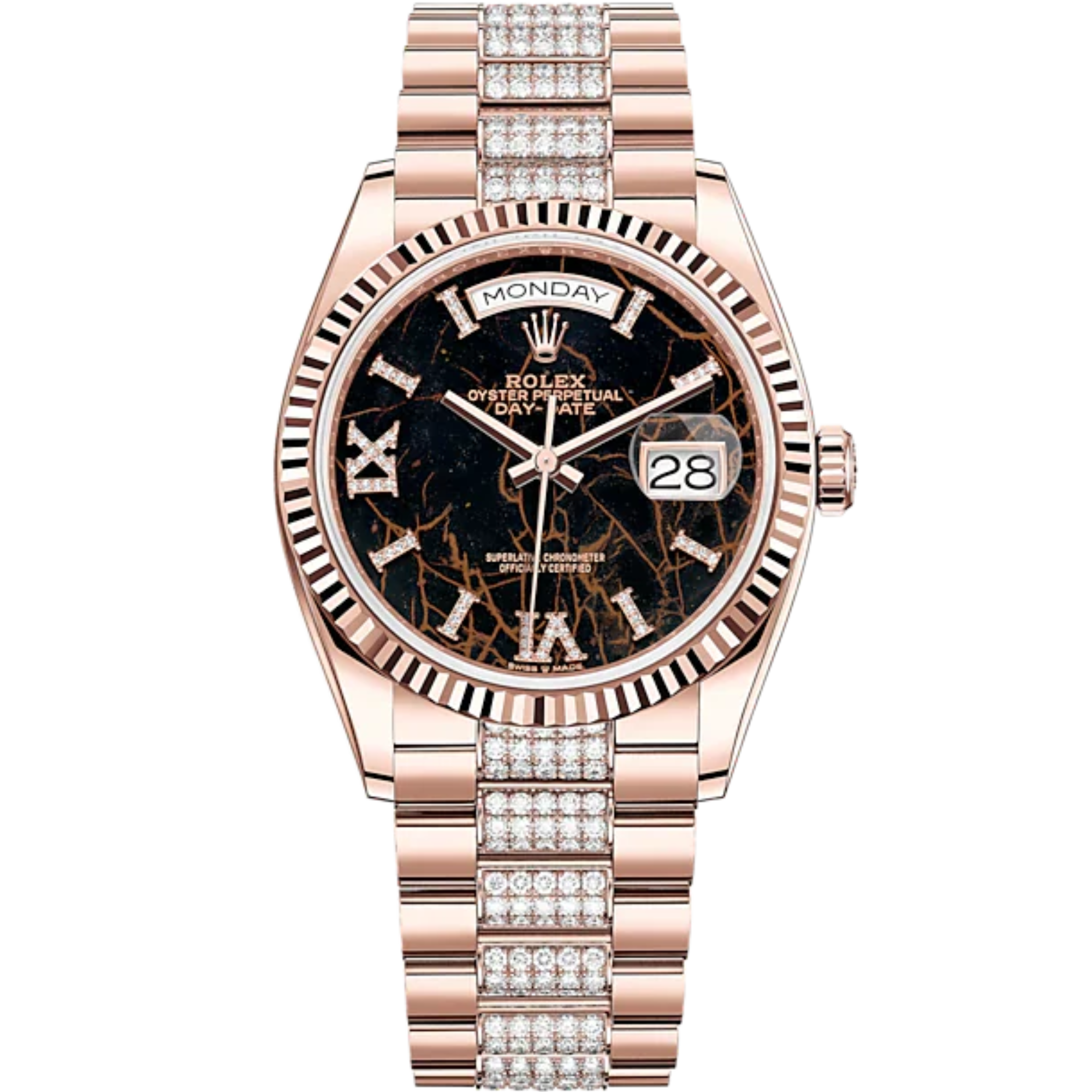 Day-Date 36 36mm President Bracelet and 18 KT Everose Gold with Eisenkiesel Diamond-Set Dial Fluted Bezel and Diamond-Set President Bracelet - Rolex