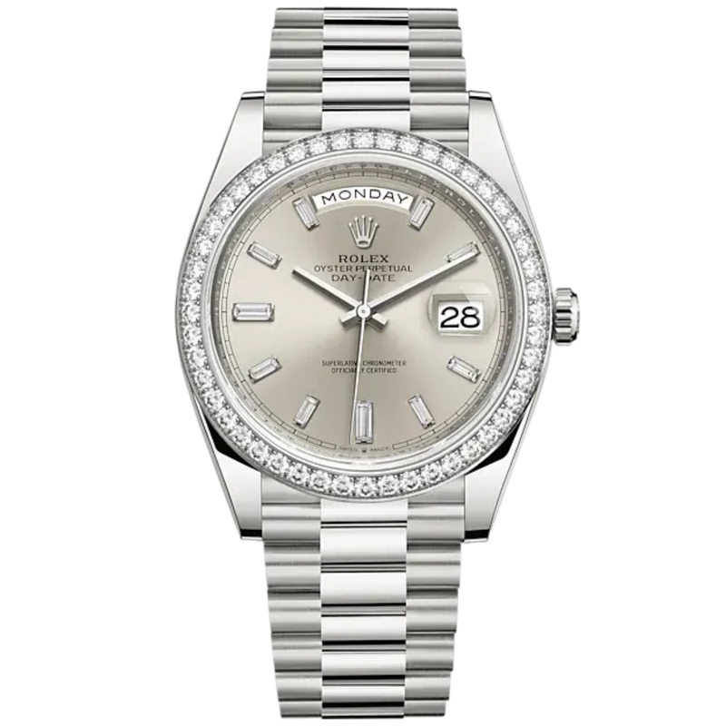 Rolex Day-date Ref. 228349RBR Silver Baguette Dial Round Diamond Bezel - Rolex