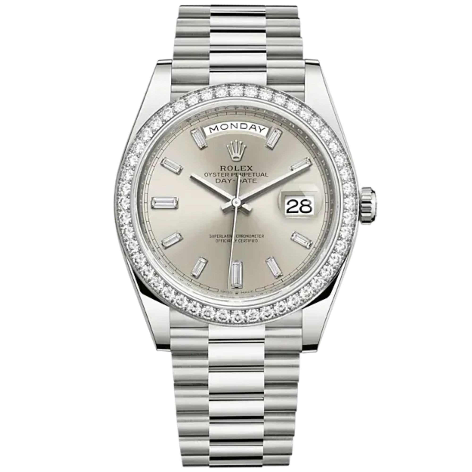 Day-Date 40 40mm President Bracelet and 18 KT White Gold with Silver Diamond-Set Dial and Diamond-Set Bezel - Rolex