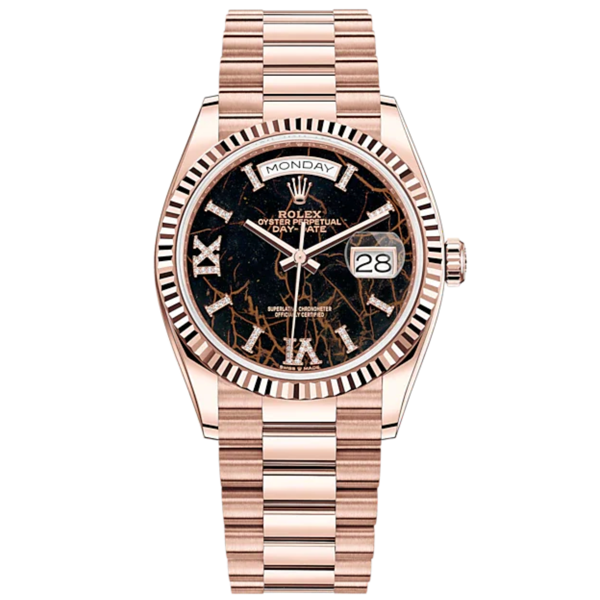 Day-Date 36 36mm President Bracelet and 18 KT Everose Gold with Eisenkiesel Diamond-Set Dial Fluted Bezel - Rolex