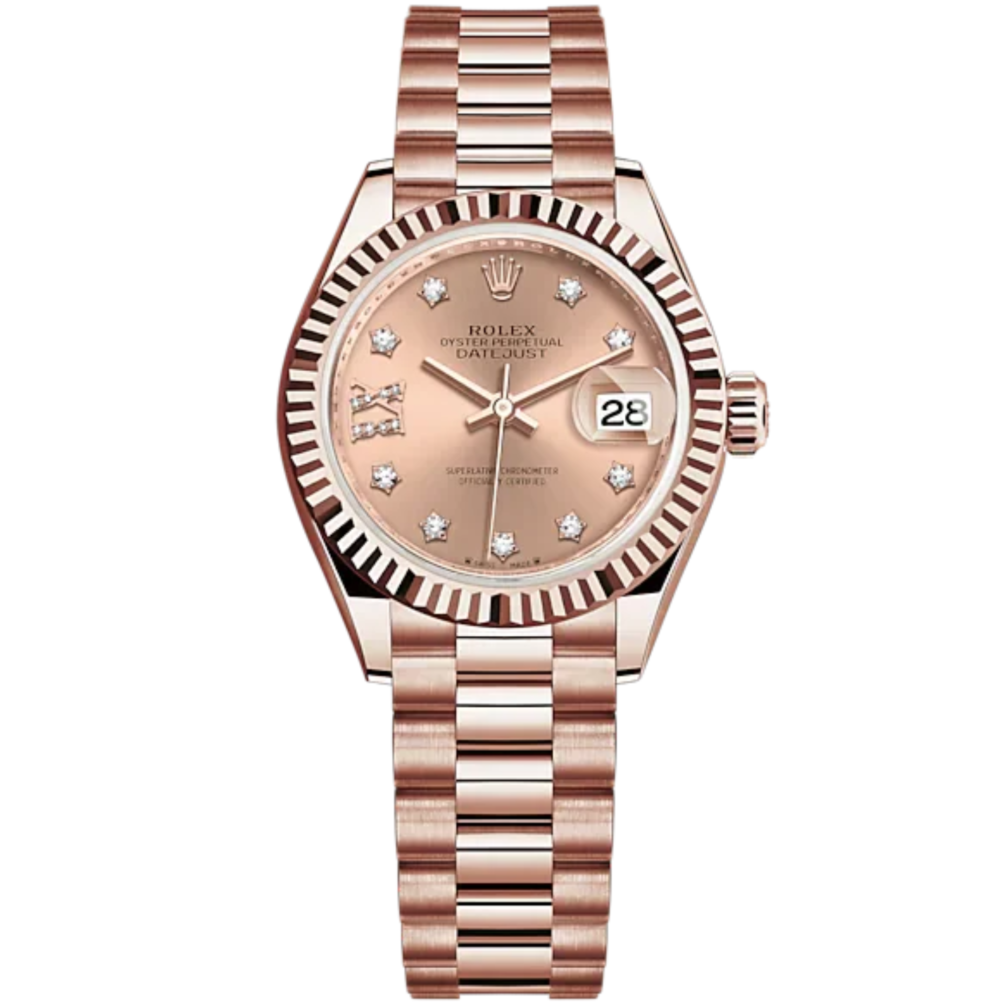 Lady-DateJust 28mm President Bracelet and 18 KT Everose Gold with Rosé-Colour Dial Diamond-Set Dial Fluted Bezel - Rolex