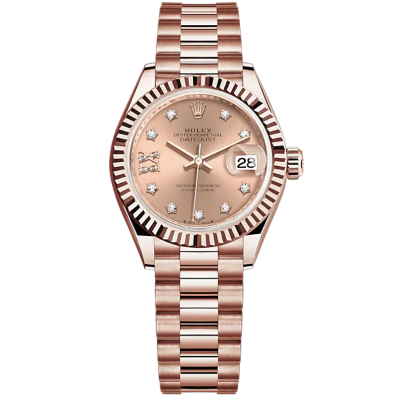 Lady-DateJust 28mm President Bracelet and 18 KT Everose Gold with Rosé-Colour Dial Diamond-Set Dial Fluted Bezel - Rolex