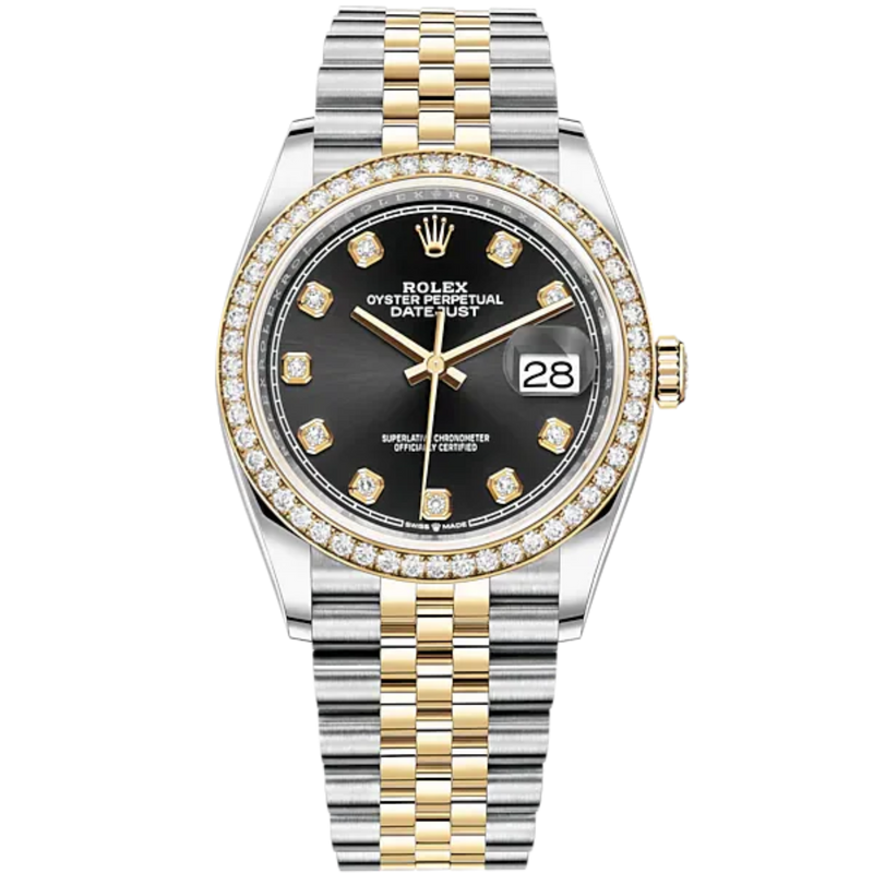 Datejust 36 36mm Oystersteel Jubilee Bracelet and Yellow Gold with Bright Black Diamond-Set Dial Diamond-Set Bezel - Rolex