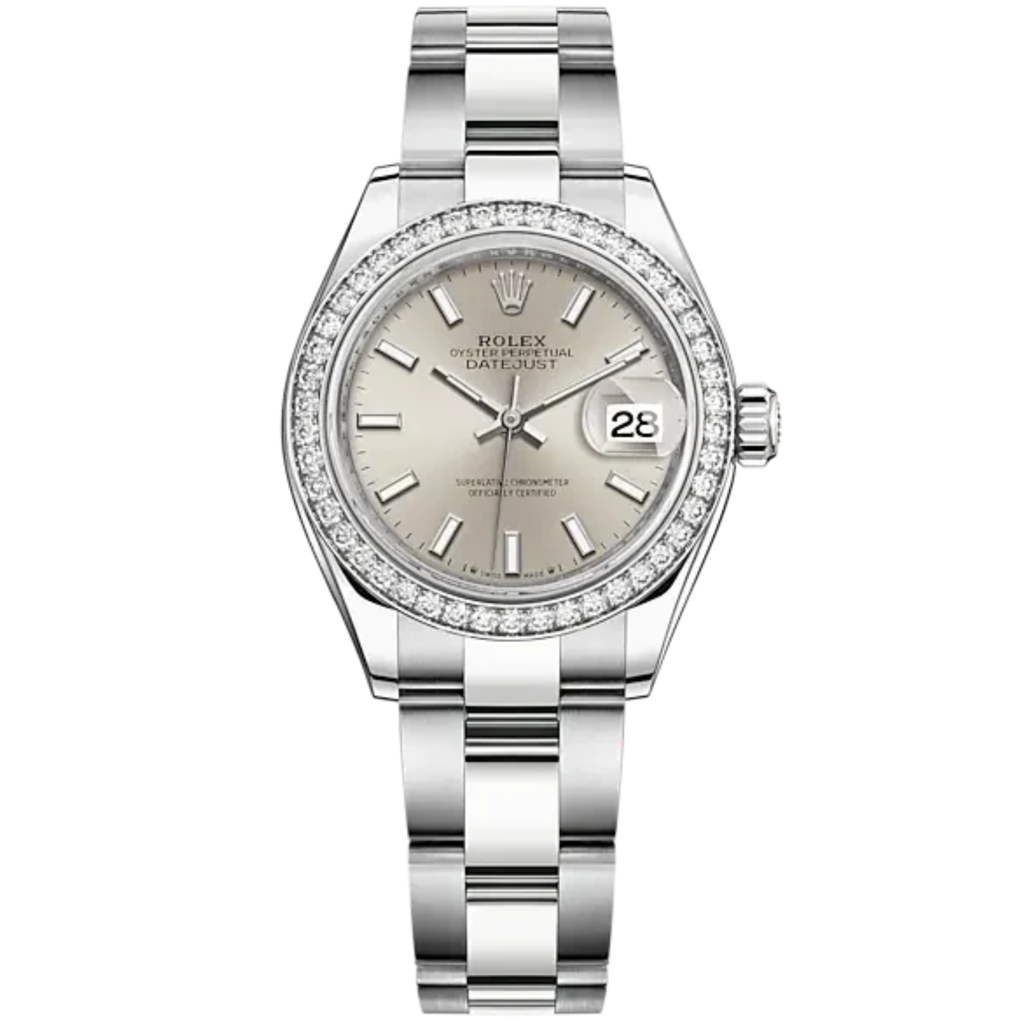 Lady-DateJust 28mm Oyster Oystersteel Bracelet and White Gold with Silver Dial Diamond-Set Bezel - Rolex