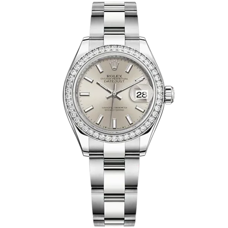 Lady-DateJust 28mm Oyster Oystersteel Bracelet and White Gold with Silver Dial Diamond-Set Bezel - Rolex
