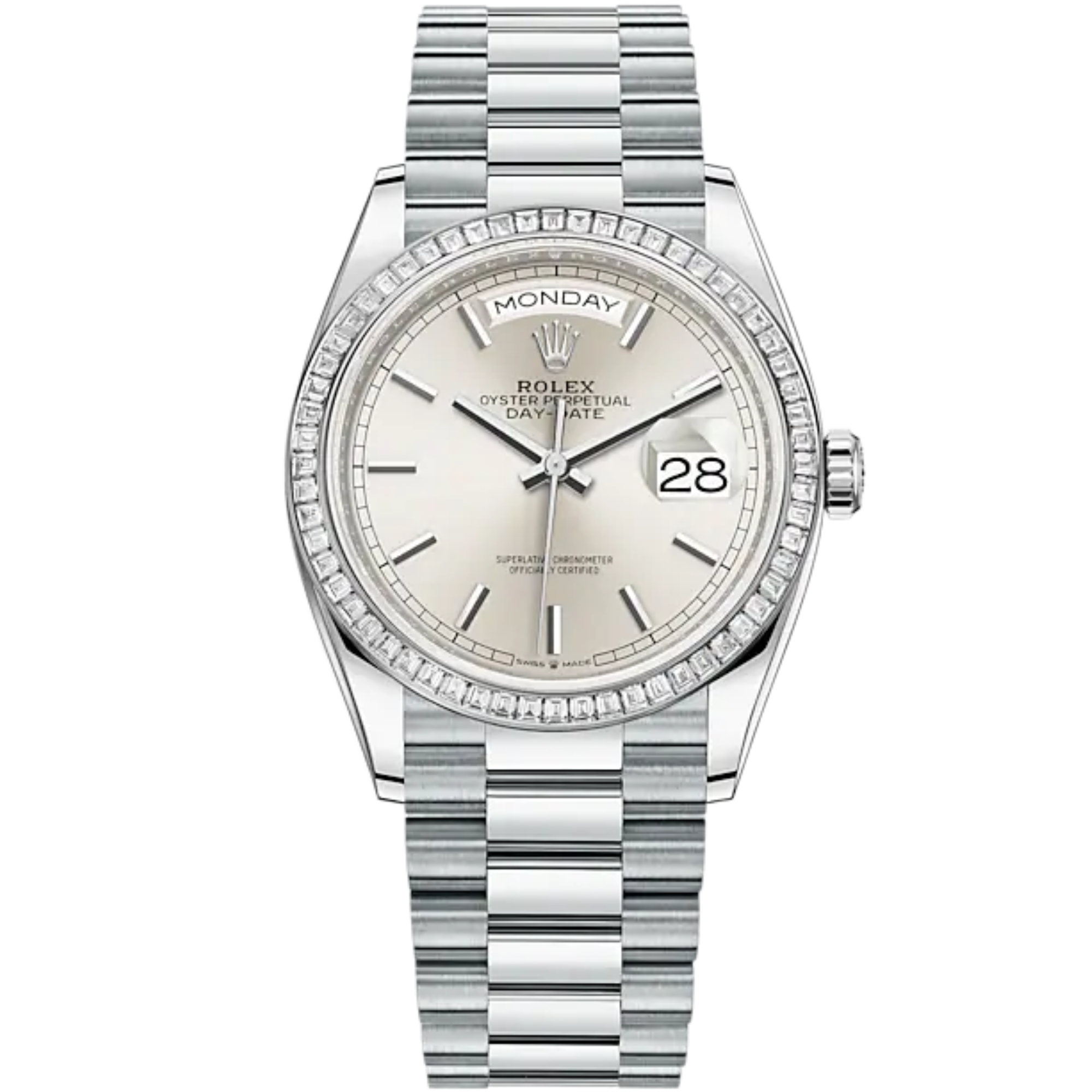 Day-Date 36 36mm Oyster President Bracelet and 18 KT White Gold with Silver Dial Diamond-Set Bezel - Rolex