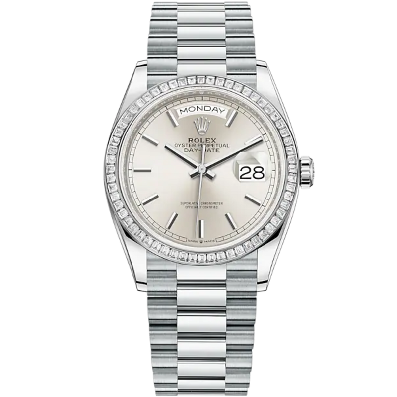 Day-Date 36 36mm Oyster President Bracelet and 18 KT White Gold with Silver Dial Diamond-Set Bezel - Rolex