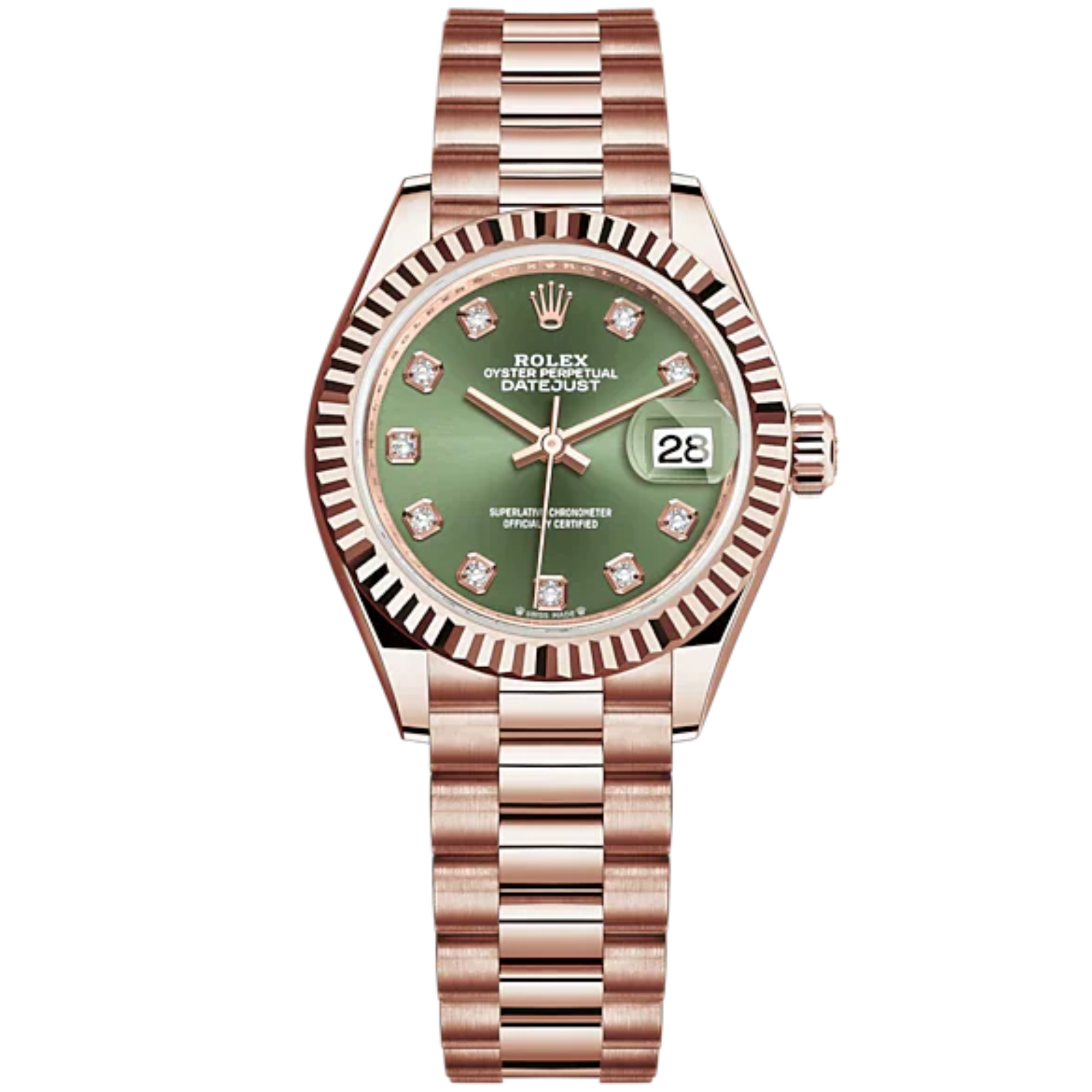 Lady-DateJust 28mm President Bracelet and 18 KT Everose Gold with Olive-Green Dial Diamond-Set Dial and Fluted Bezel - Rolex