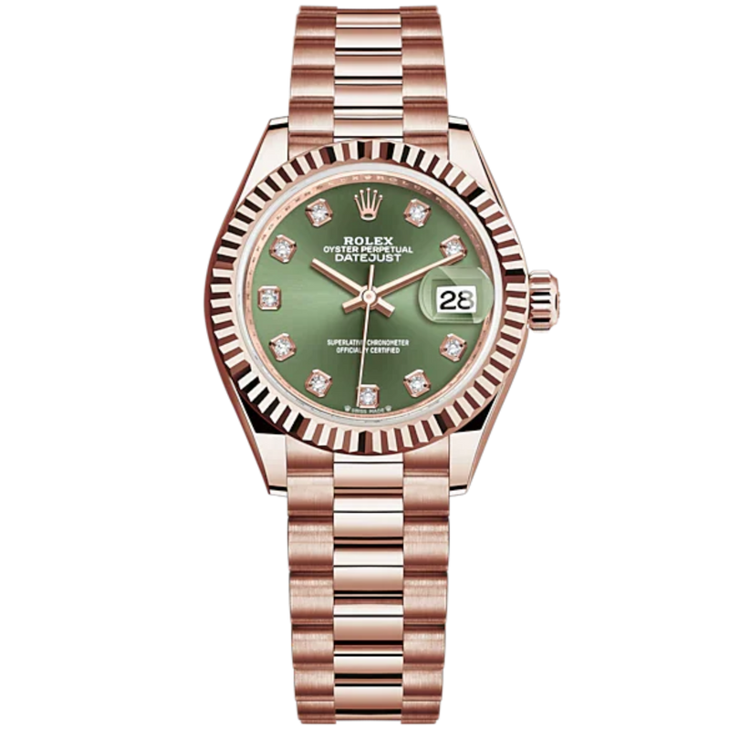 Lady-DateJust 28mm President Bracelet and 18 KT Everose Gold with Olive-Green Dial Diamond-Set Dial and Fluted Bezel - Rolex